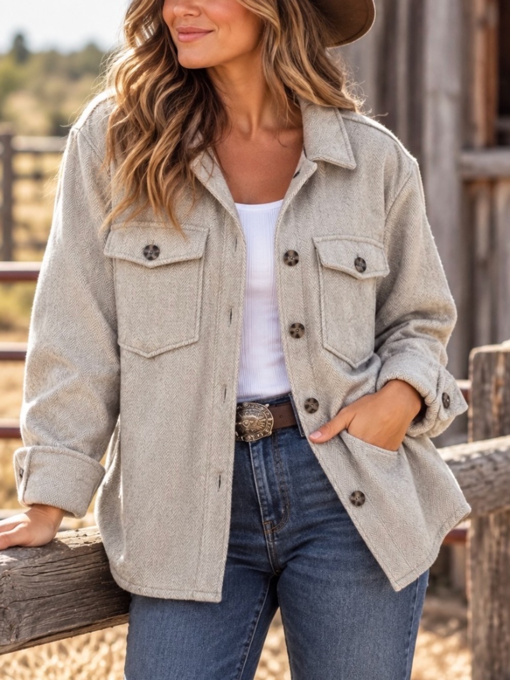 Denver Hayes Shacket Womens Size XL Cream Herringbone Western Country Flannel